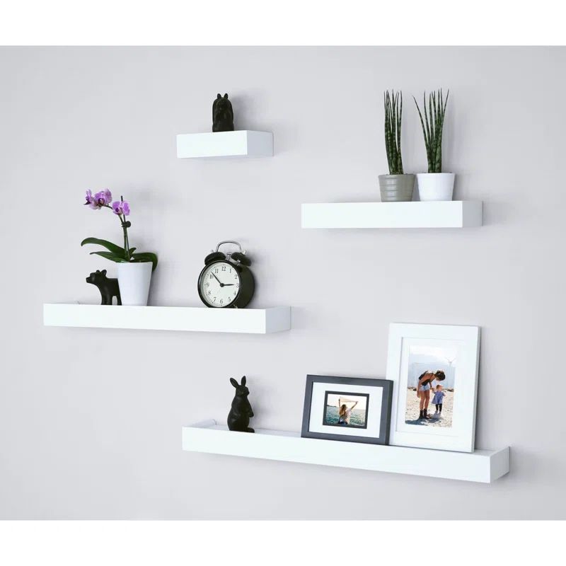 White Wood Floating Wall Shelves with Front Lip, Set of 4