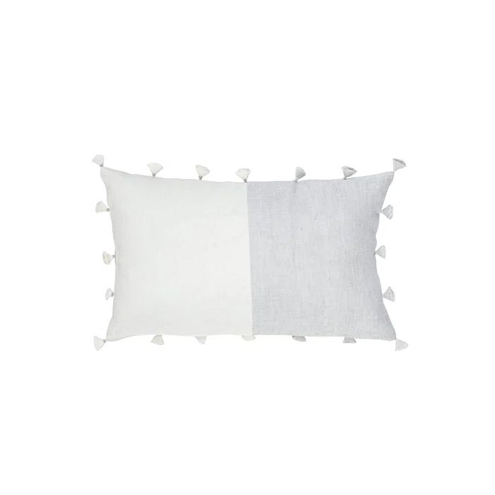 Light Grey and White Linen Tassel Throw Pillow with Down Insert