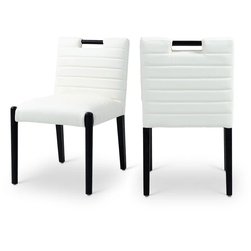 Cream and Black Faux Leather Upholstered Side Chair with Oak Legs
