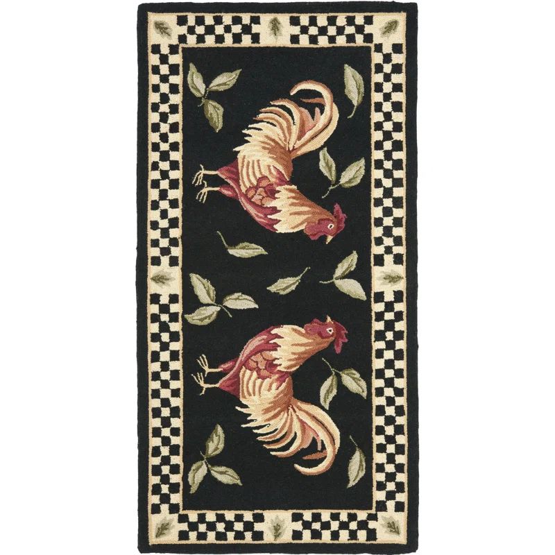 Handmade Black and Ivory Wool Rooster Accent Rug