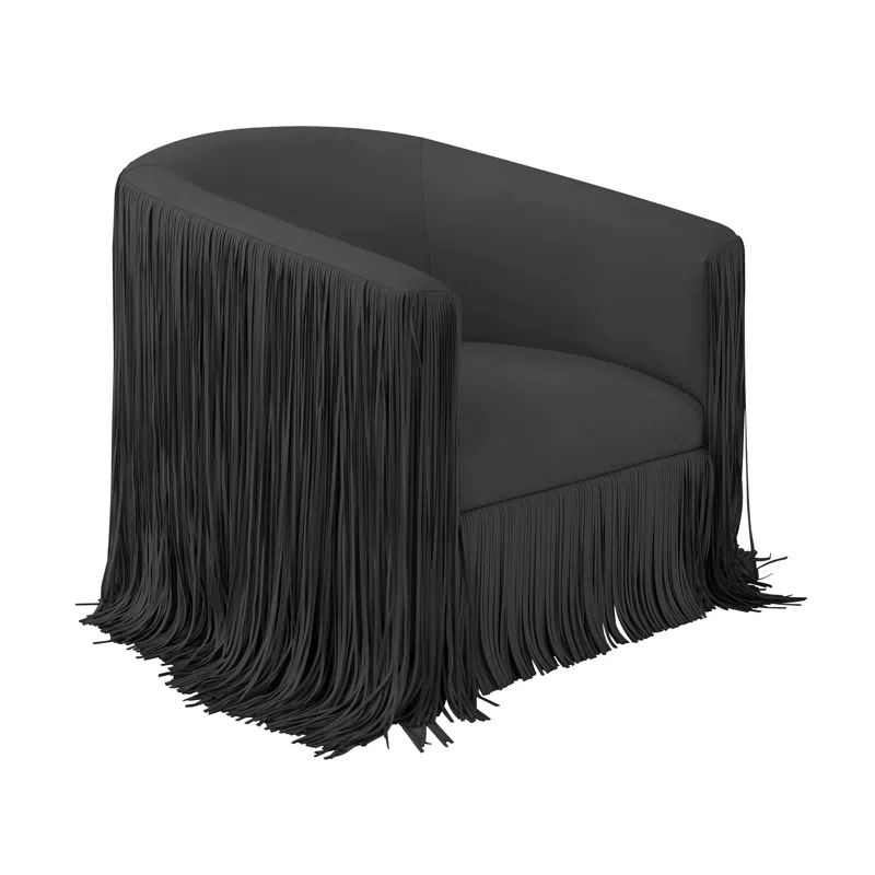Black Faux Leather Fringe Swivel Barrel Chair