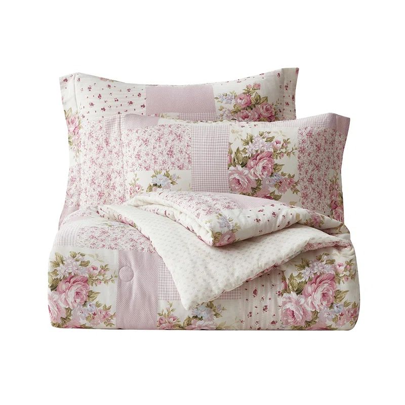 Full Size Pink Floral Cotton Reversible Comforter Set