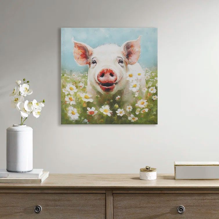 16" x 16" Happy Pig Canvas Wall Art in Green Field