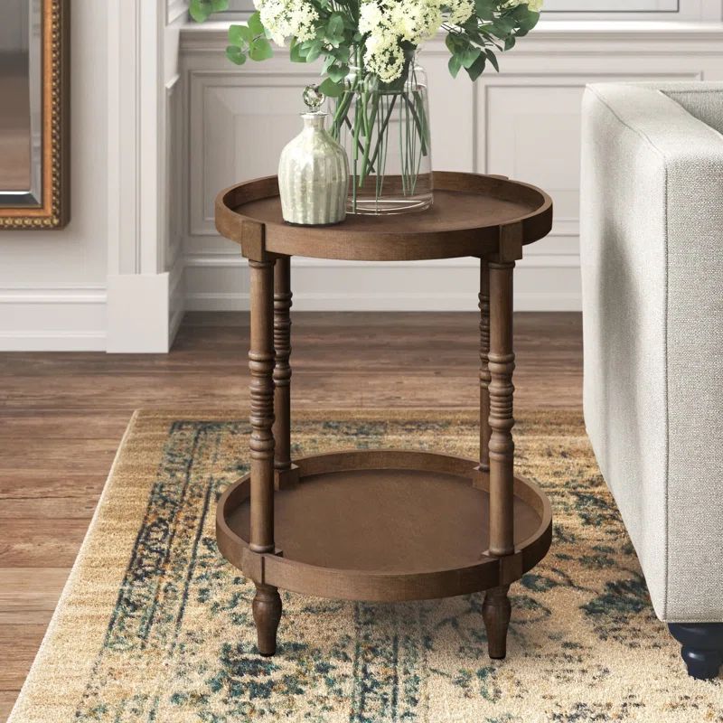 Colonial Rustic Brown Wooden Round Dual-Tier End Table