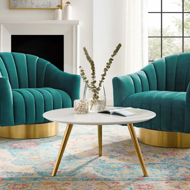 27.5" Round White Marble & Gold Wood Outdoor Coffee Table