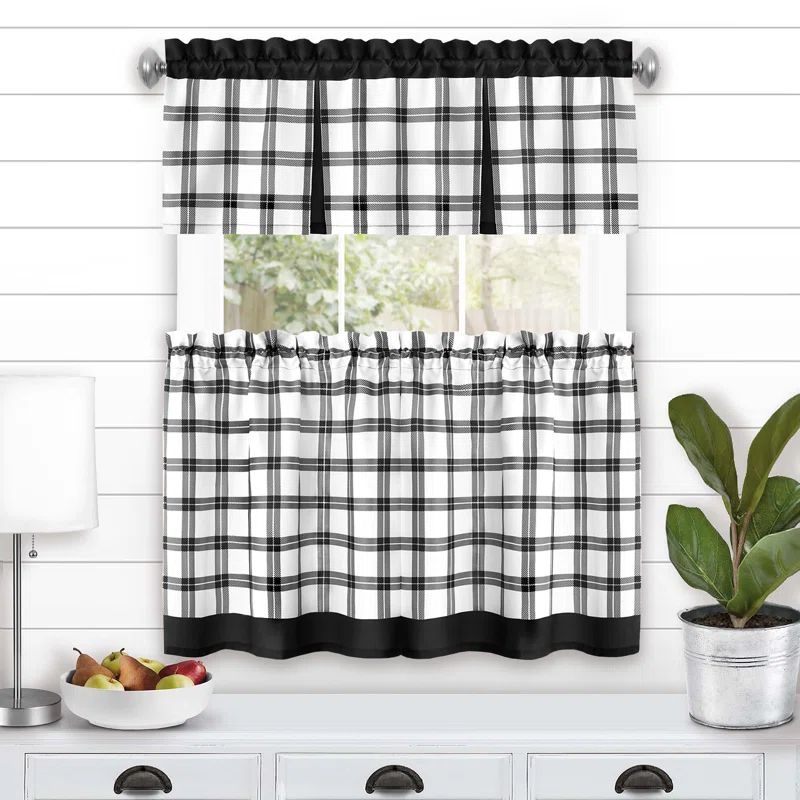 Black Plaid Light Filtering Tier and Valance Curtain Set