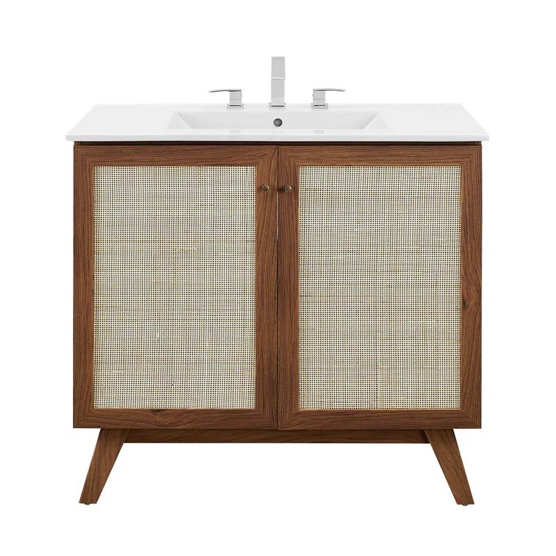 Soma 36'' Walnut and White Freestanding Bathroom Vanity with Rattan Doors