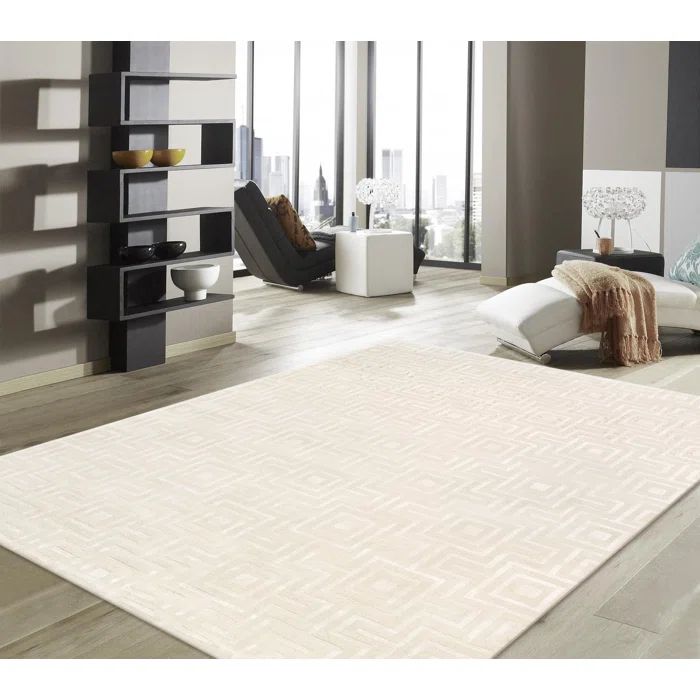 Ivory Hand-Tufted Wool and Silk 10' x 14' Geometric Rug