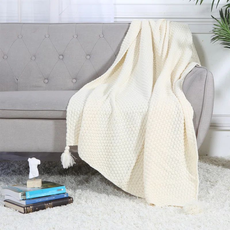 Light Blue Knitted Cable Design Throw Blanket