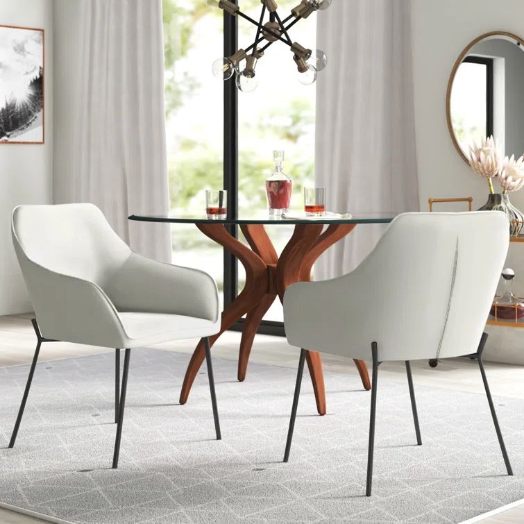 Cream Upholstered Arm Chairs with Black Metal Legs, Set of 2