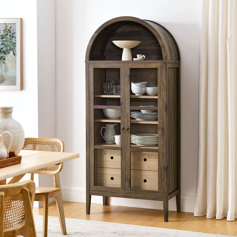 Nolan Walnut Hickory Arched Storage Display Cabinet with Glass Doors