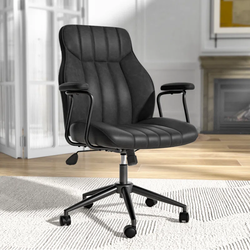 Black Leather Adjustable Mid-Century Modern Task Chair with Wheels