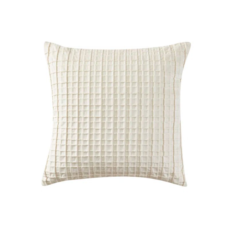 Winter White Velvet Waffle Pleated Square Throw Pillow