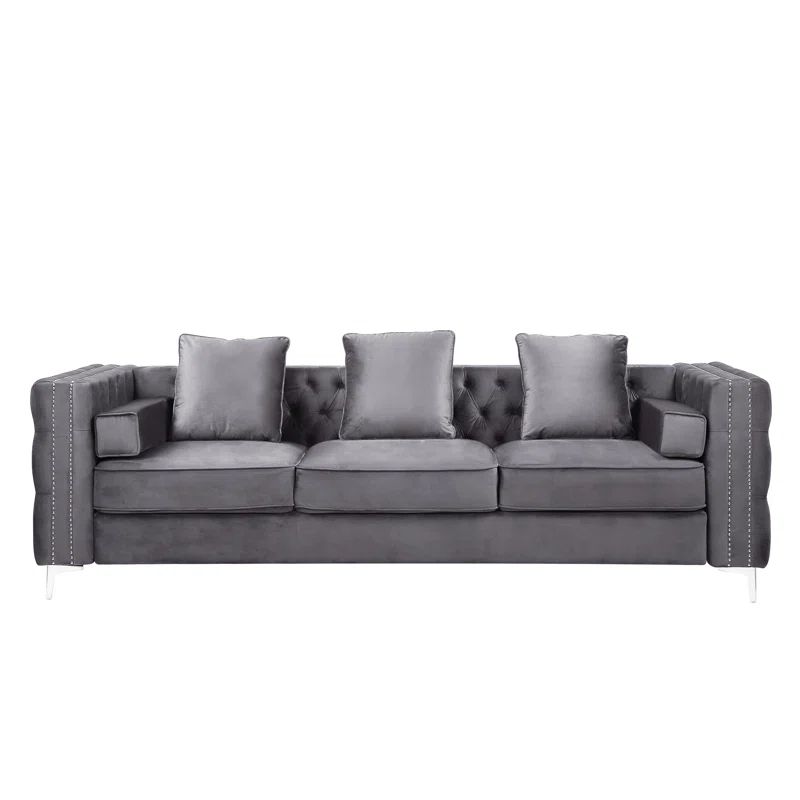 88'' Luxe Blue Velvet Tufted Sofa with Nailhead Trim & Ottoman