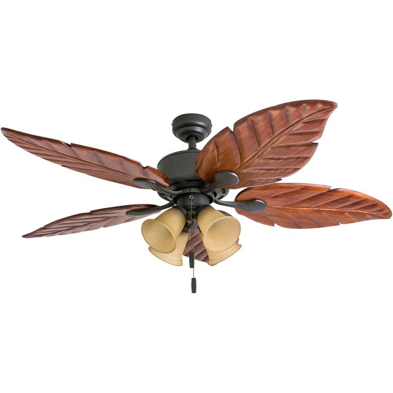 52" Bronze Tropical Ceiling Fan with Hand Carved Blades and LED Light