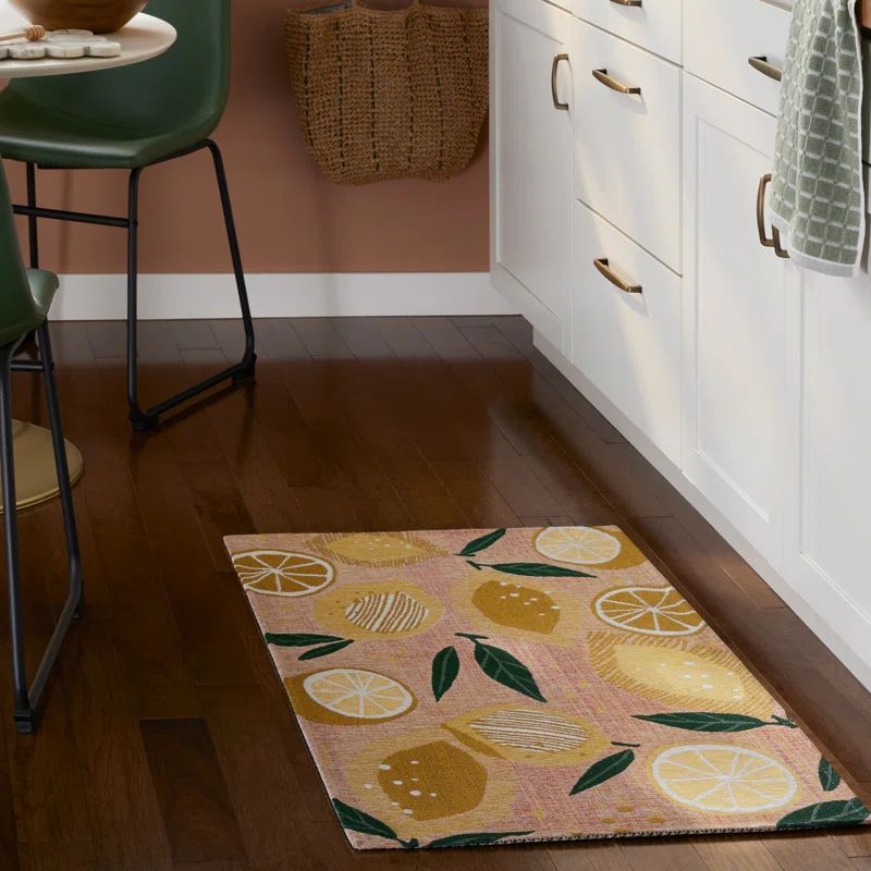 Peach Pink Lemon Print Polyester Rectangular Kitchen Mat