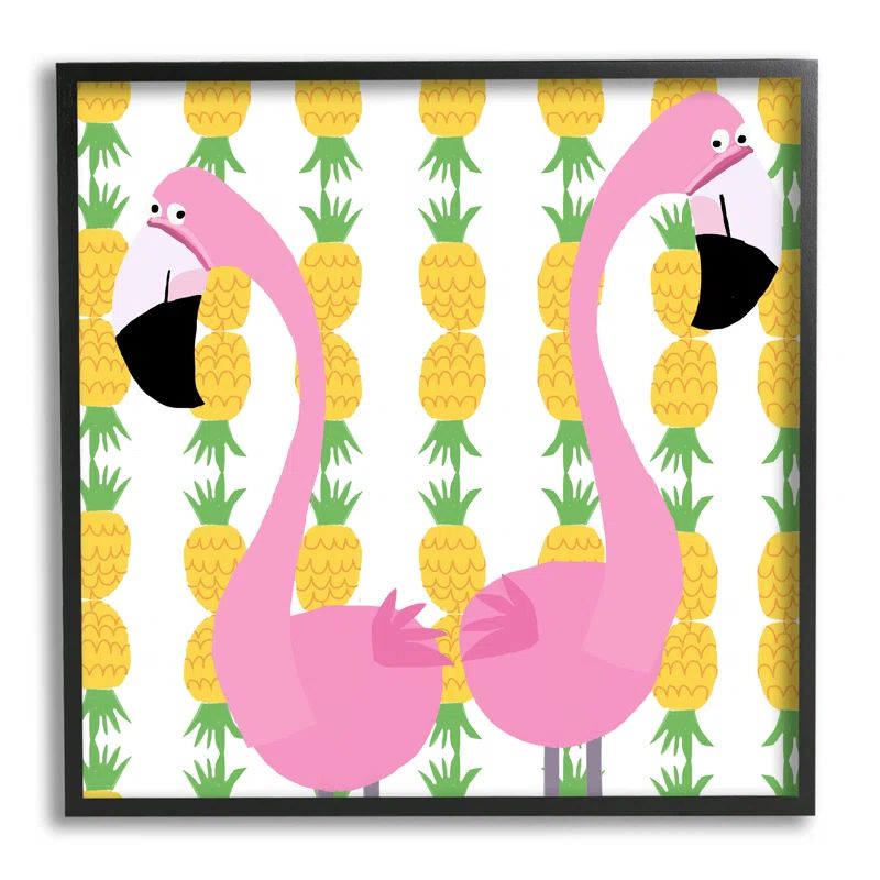 Kids' Pink Flamingo Pair Pineapple Pattern Black Framed Wall Art