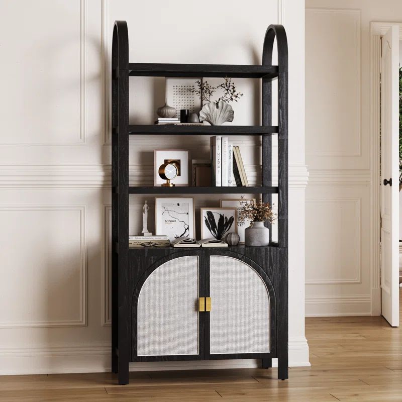 Paxton Black Oak 71" Boho Bookshelf Cabinet with Faux Rattan Doors