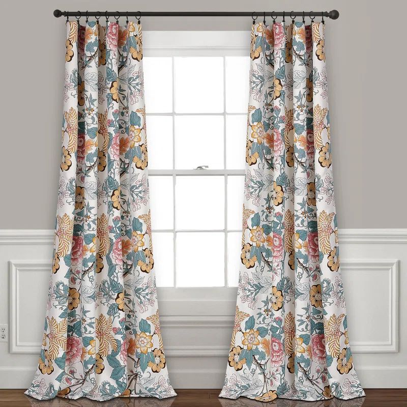 Blue and Yellow Floral Polyester Blackout Window Panels, 52"W x 108"L