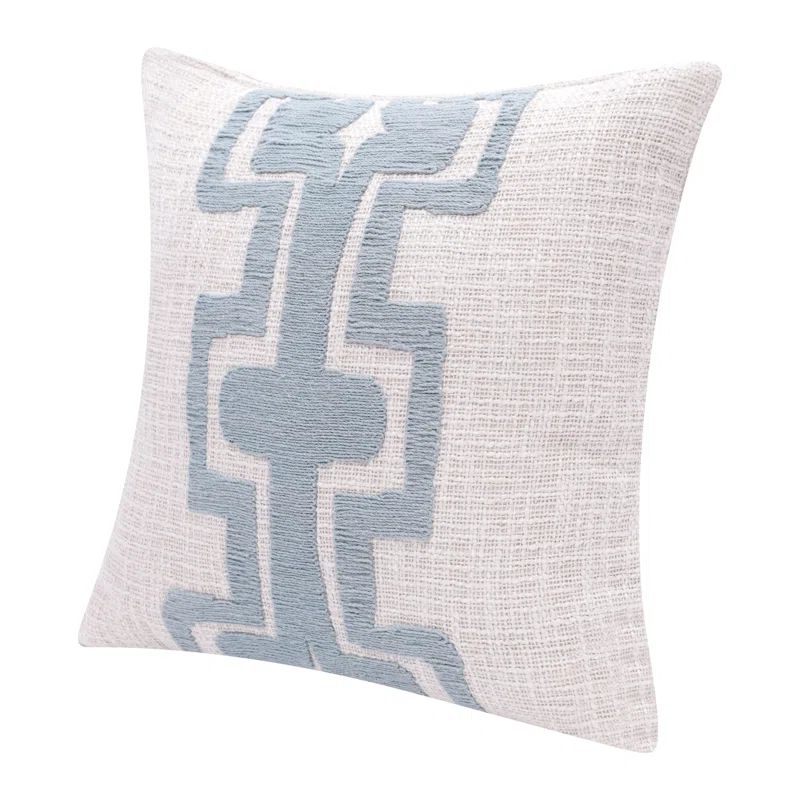 Ocean Blue and Ivory Cotton Blend Square Embroidered Throw Pillow, 20" x 20"