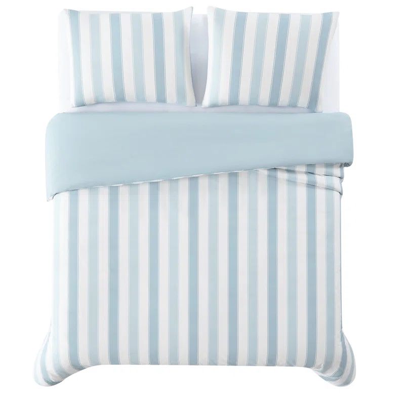 Full/Queen Blue and White Cotton Striped Duvet Cover Set