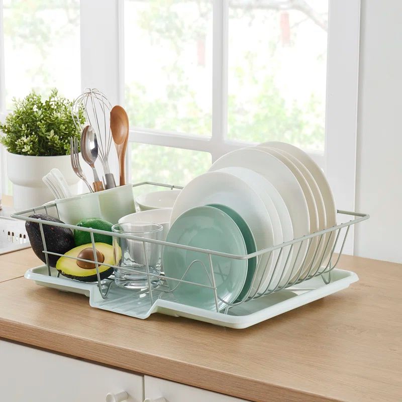 Mint Green Metal Dish Drainer Rack with Utensil Cup