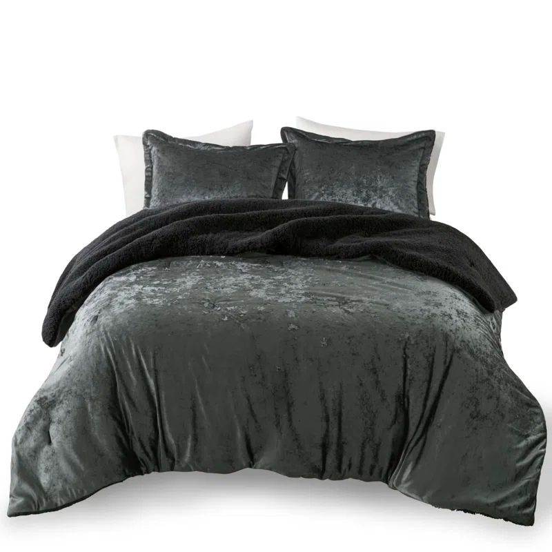 Charcoal King Velvet Reversible Comforter Set with Sherpa