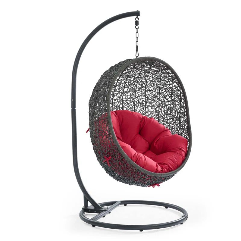 Gray and Red Synthetic Rattan Hanging Chair with Steel Stand