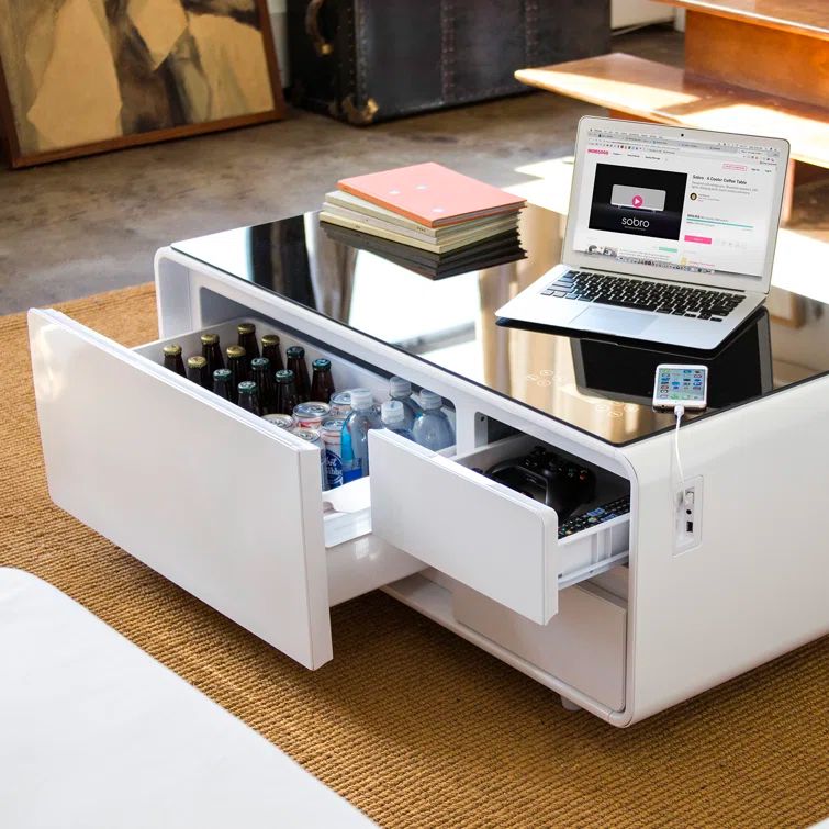 White Rectangular Metal and Acrylic Coffee Table with Storage and LED Lighting