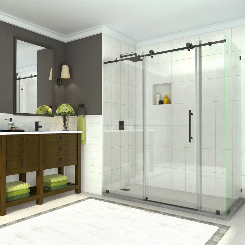Coraline Frameless Clear Glass Sliding Shower Enclosure with Bronze Hardware