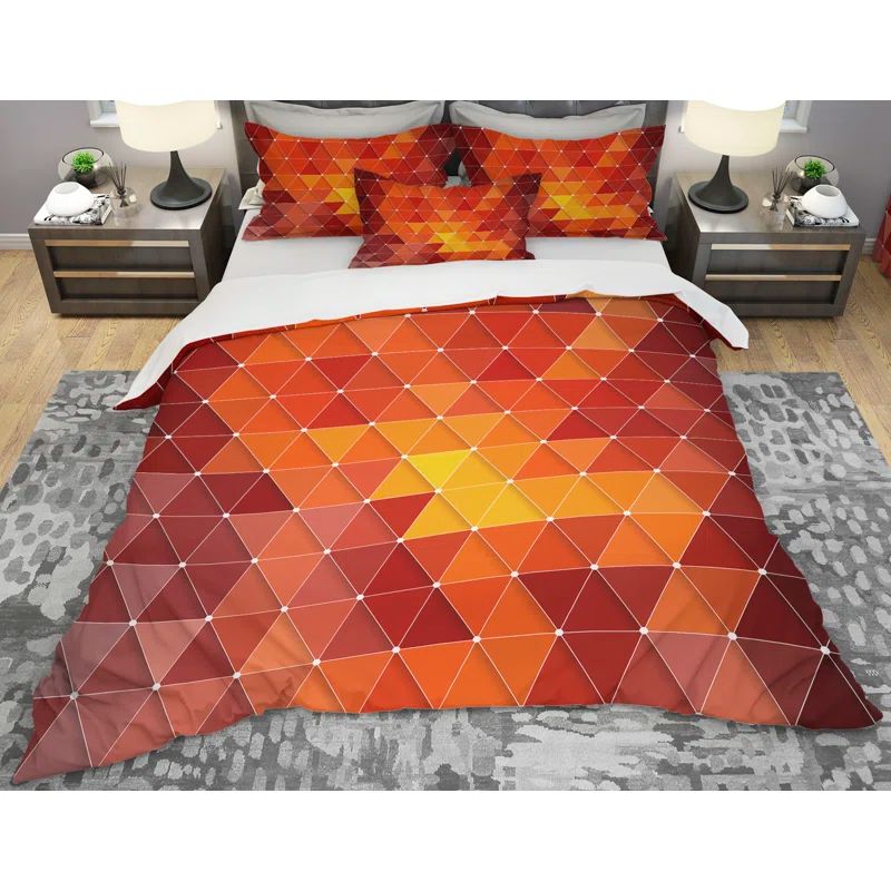 Queen Red and Orange Geometric Microfiber Duvet Cover Set