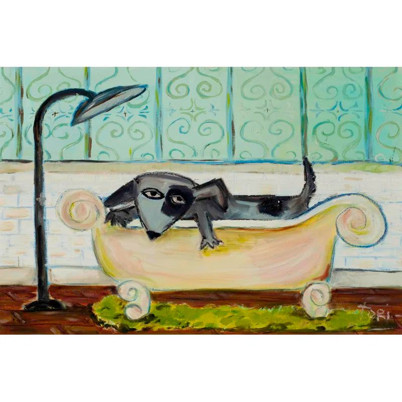 Whimsical Dog Bath Scene Canvas Art in Green and Yellow