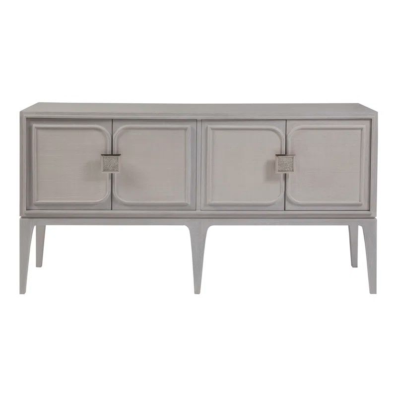 Transitional Gray 61.75'' Oak Media Console with Raffia Cabinet Doors