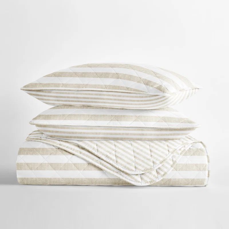Natural Beige and White Striped Microfiber Full Quilt Set