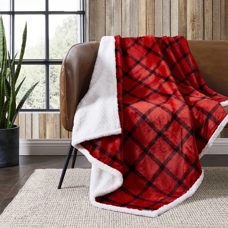 Red Plaid Reversible Sherpa Fleece Throw Blanket