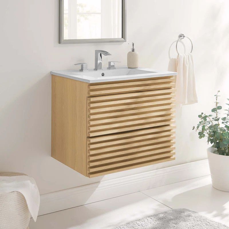 Oak White 24" Wall-Mount Bathroom Vanity with Ceramic Sink