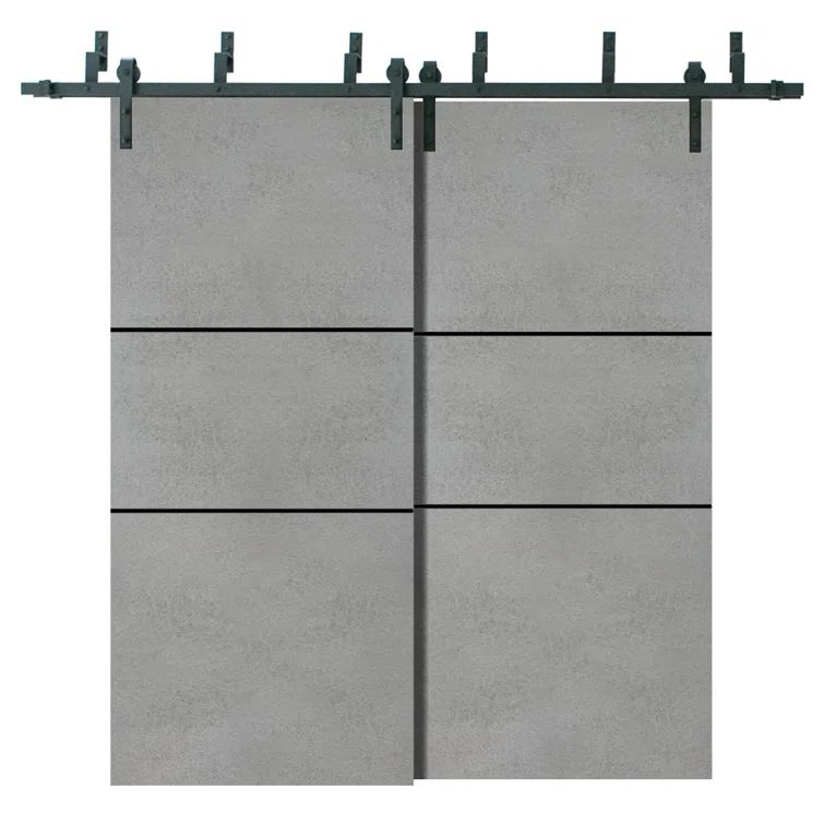 Concrete Gray Solid Wood Modern Barn Door Set