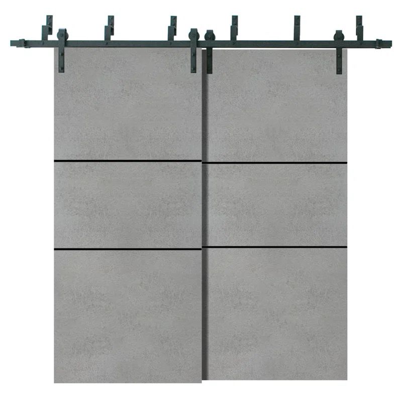 Concrete Gray Solid Wood Sliding Barn Door with Steel Hardware