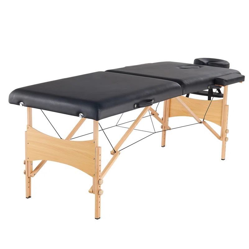 Black and Beechwood Adjustable Portable Massage Table with PVC Leather