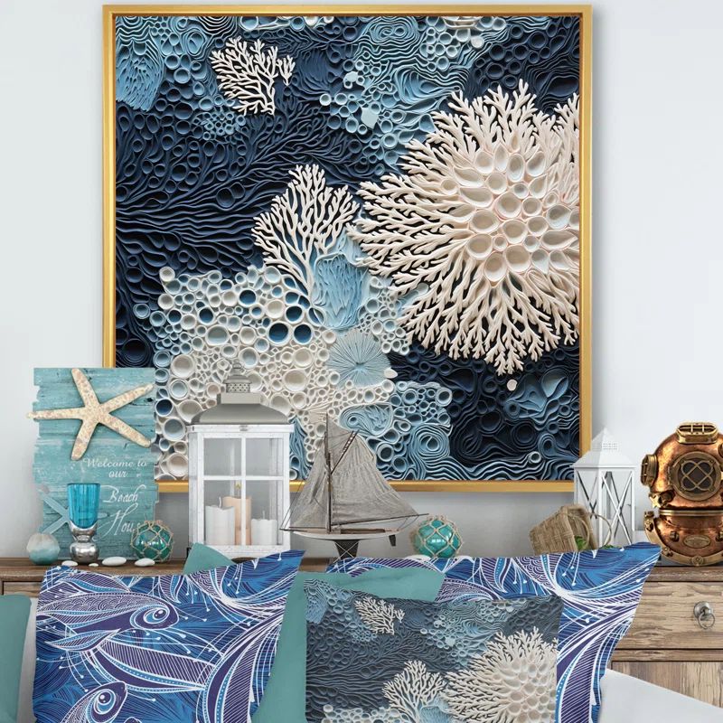 Underwater Blue and White Coral Collage Canvas Print with Gold Frame