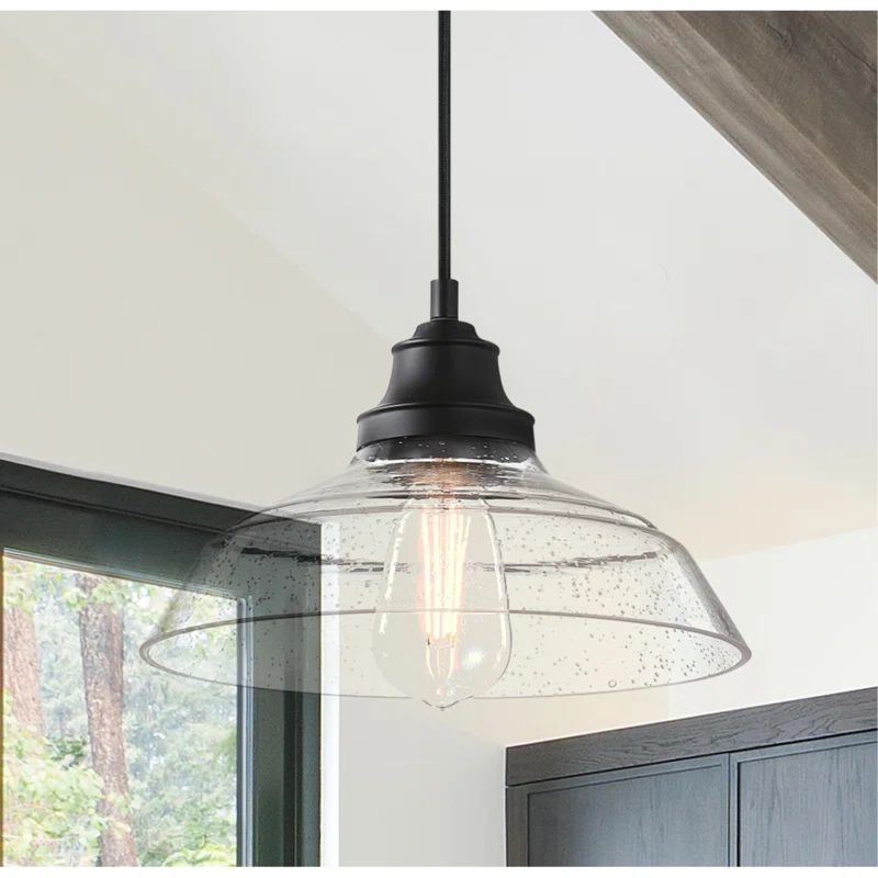 Matte Black Vintage Pendant with Clear Seeded Glass Shade