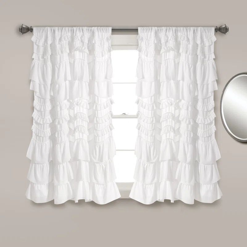 White Ruffled Polyester Rod Pocket Curtain Panel for Kids