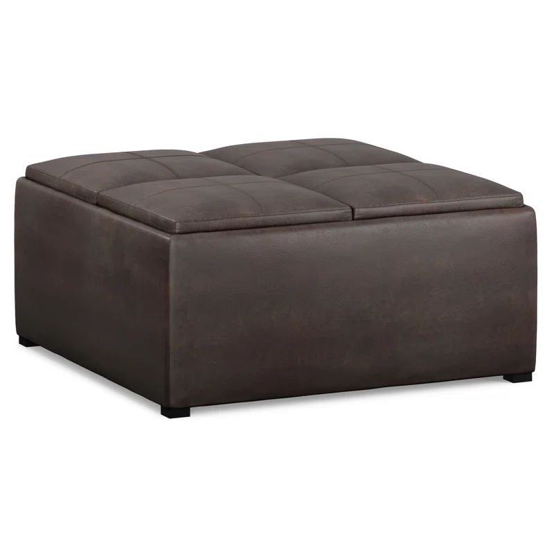Distressed Brown Faux Leather Square Cocktail Ottoman with Tray