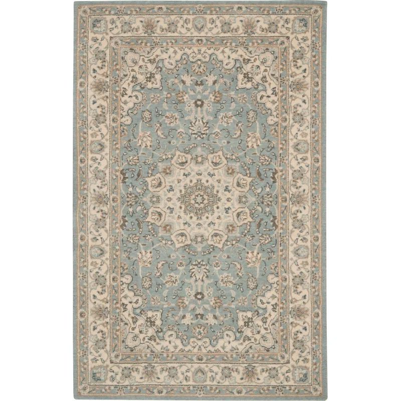 Aqua and Ivory Floral Elegance Wool Blend Area Rug, 5'6" x 8'3"