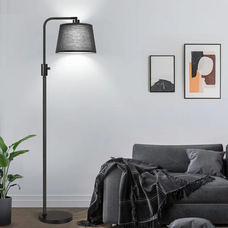 Matte Black Arc Floor Lamp with Black Linen Shade