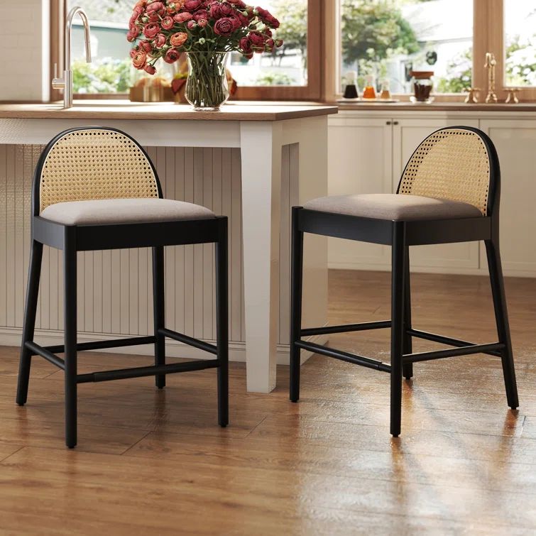 Gray and Black Rattan Backrest Wood Frame Counter Stools, Set of 2