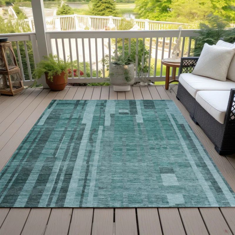 Teal Striped Synthetic Rectangular Washable Area Rug 46" x 30"