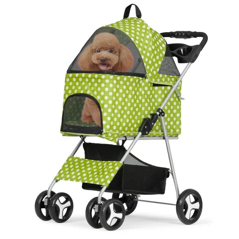 Lawn Green Polka Dot 3-in-1 Foldable Pet Stroller with Steel Frame