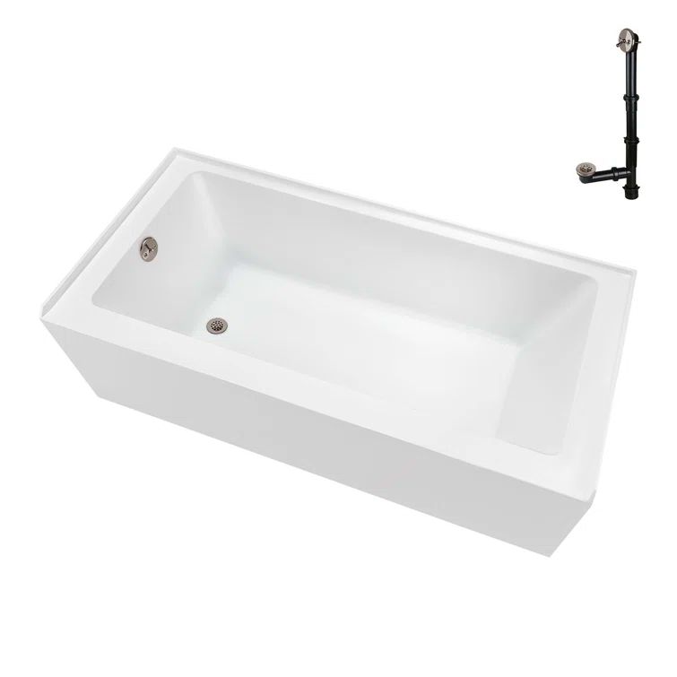 Glossy White Acrylic Rectangular Alcove Bathtub with Brushed Nickel Drain