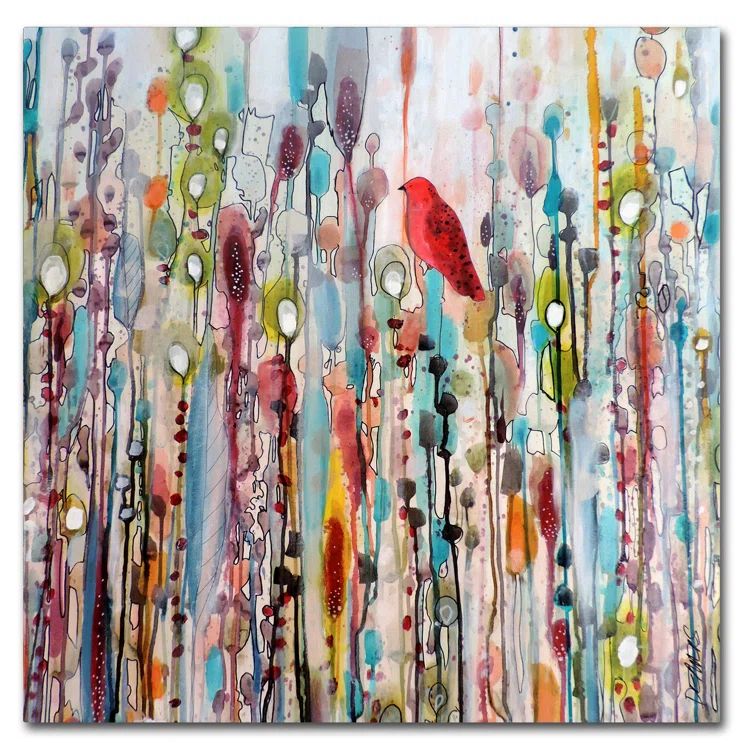 Colorful Abstract Outdoor Canvas with Red Bird, 15x20